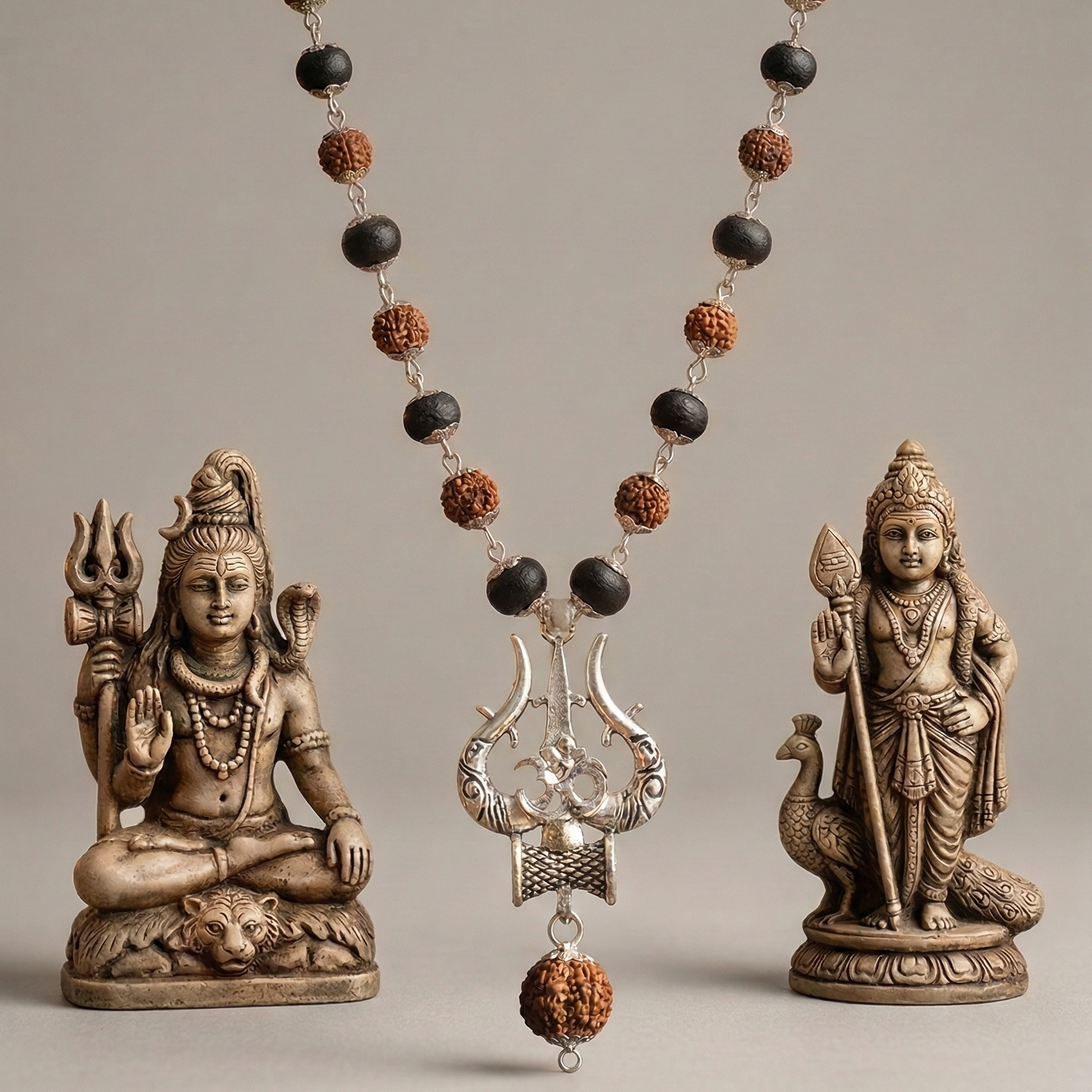 Necklace with deity statues on a neutral background