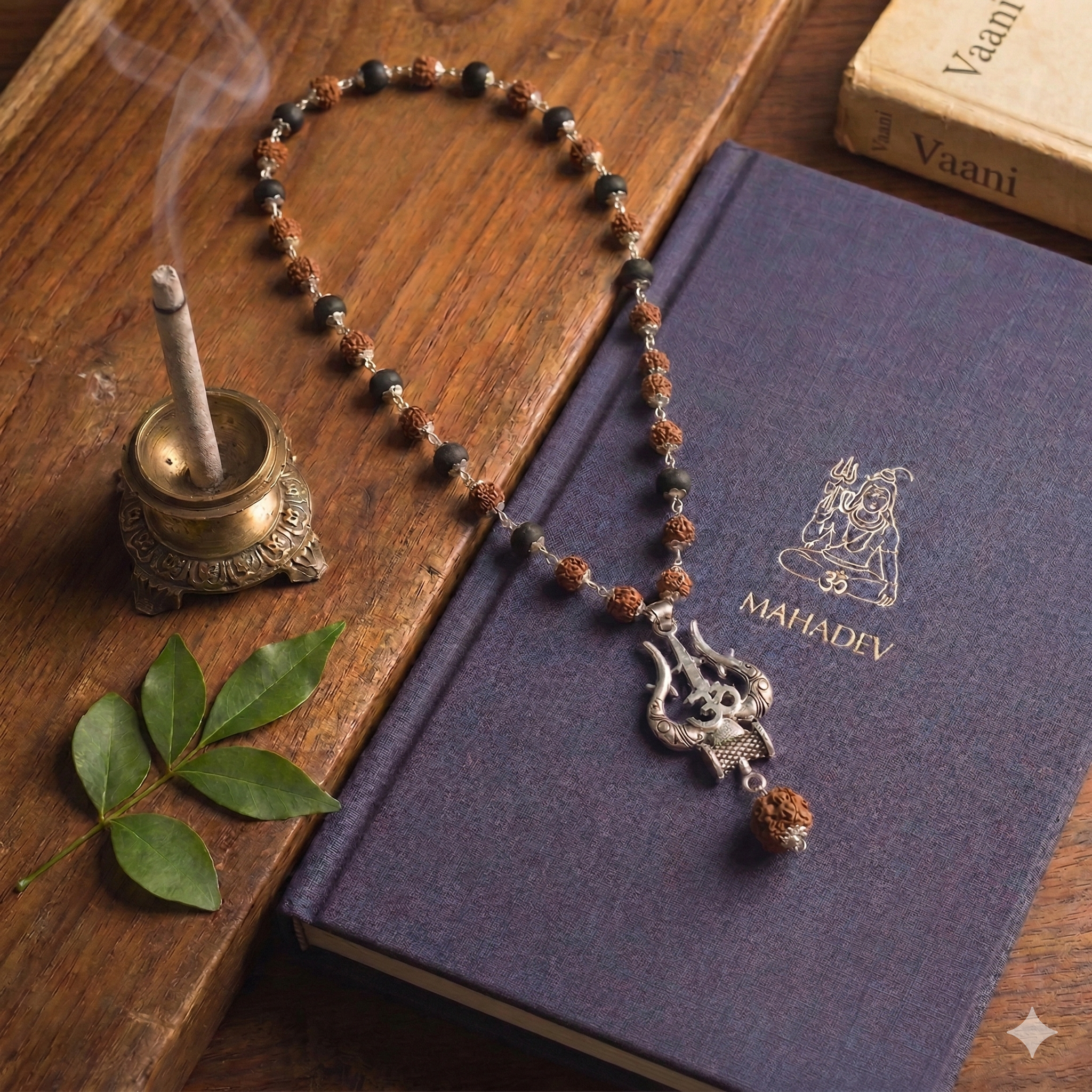 Silver Plated Rudraksha & Karungali Mala with Trishul Pendant