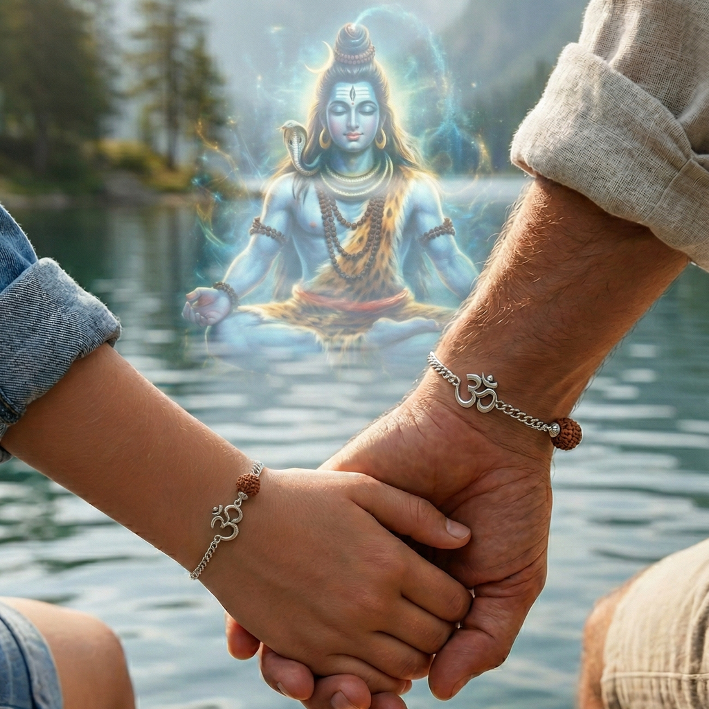 Two people holding hands on a dock with a scenic background and a figure in the water.