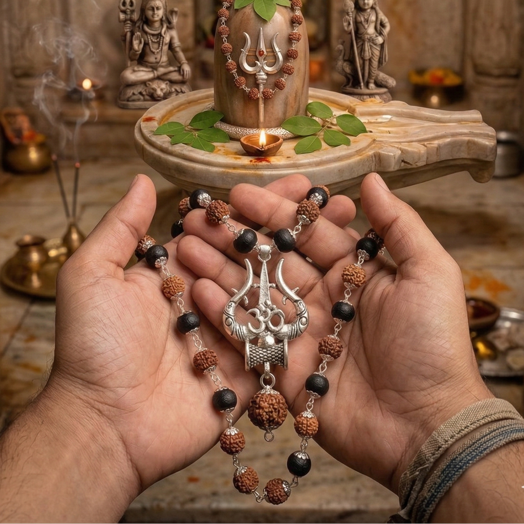 Hands holding a karungali mala with trishul with a temple setting in the background