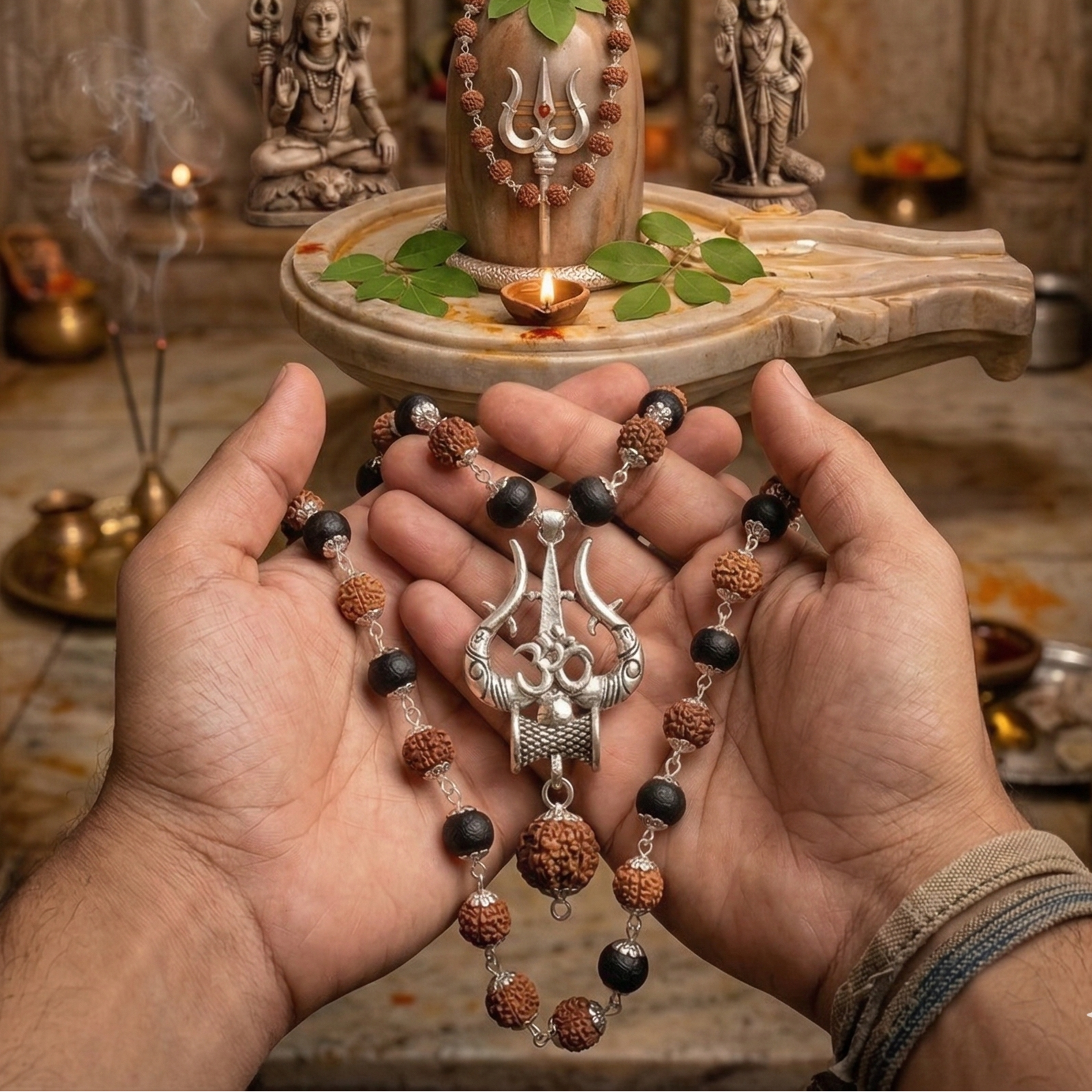 Hands holding a karungali mala with trishul with a temple setting in the background