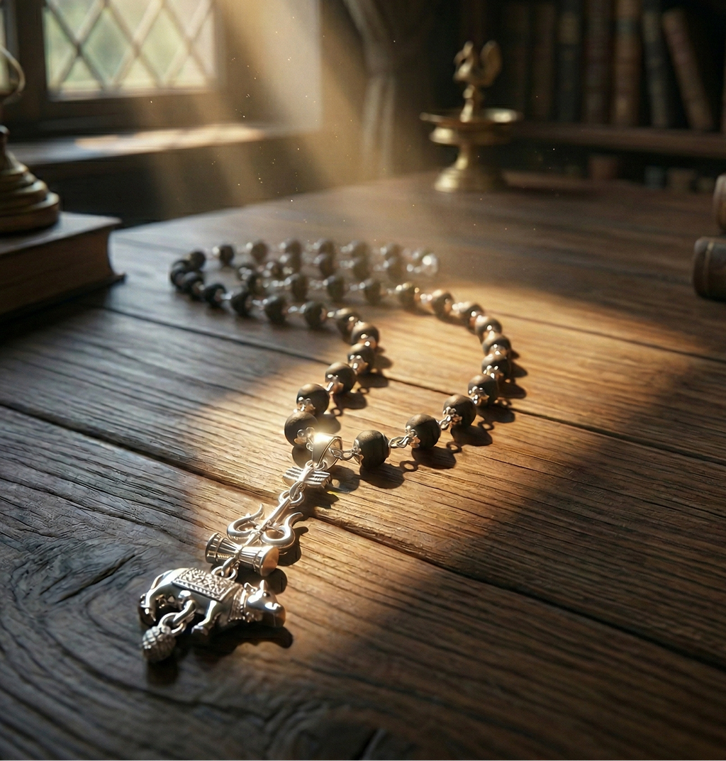 Silver rosary on a wooden table with books and a window in the background