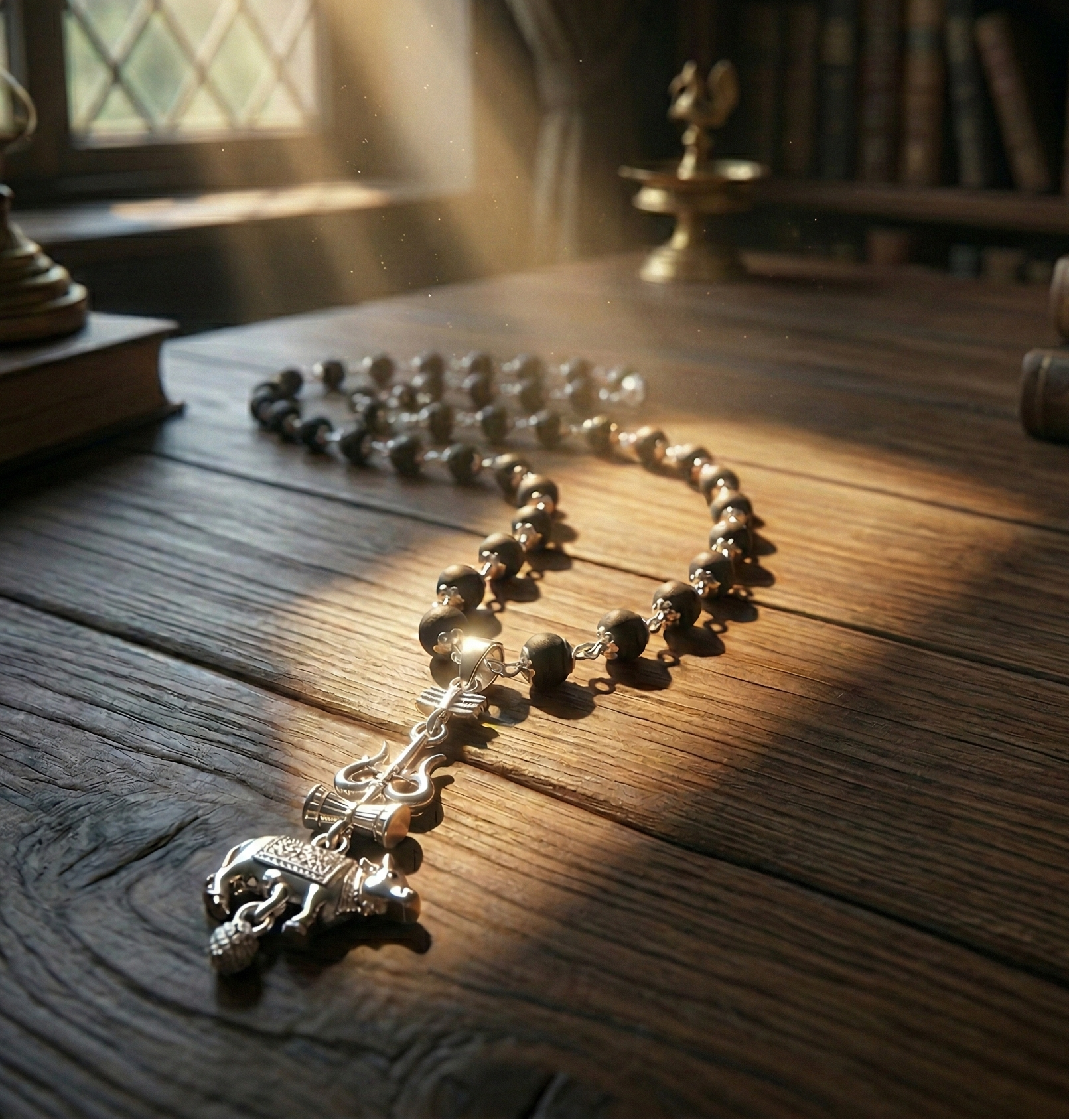 Silver rosary on a wooden table with books and a window in the background