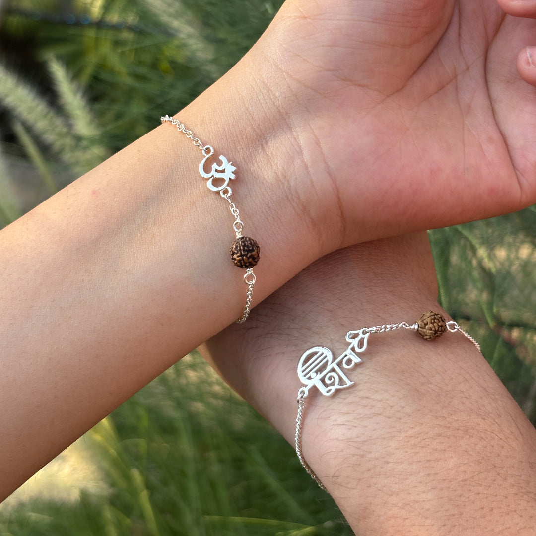 Shiv Shakti Eternal Rudraksha Bracelet Set | 5 Mukhi Rudraksha | Silver Plated