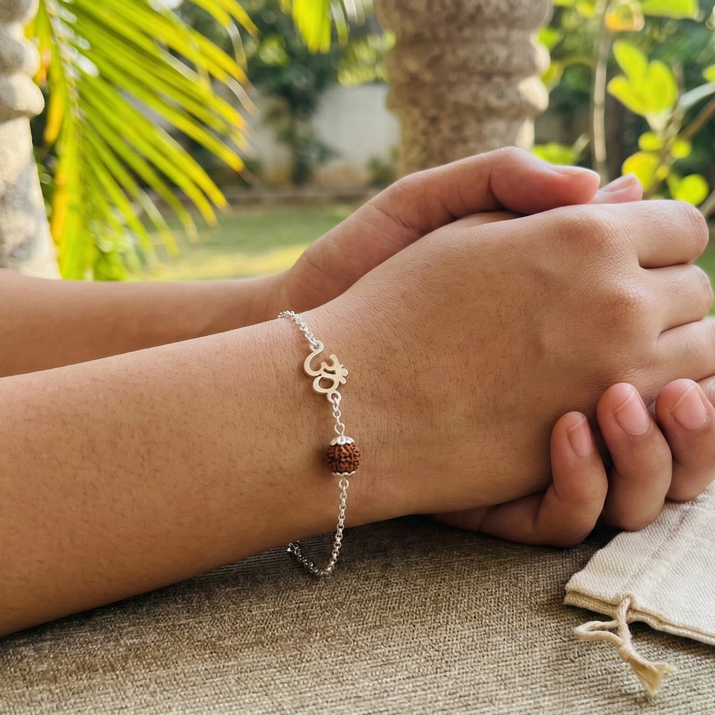 Person wearing a bracelet with a tag labeled 'Om Rudraksha' on a textured surface with greenery in the background.