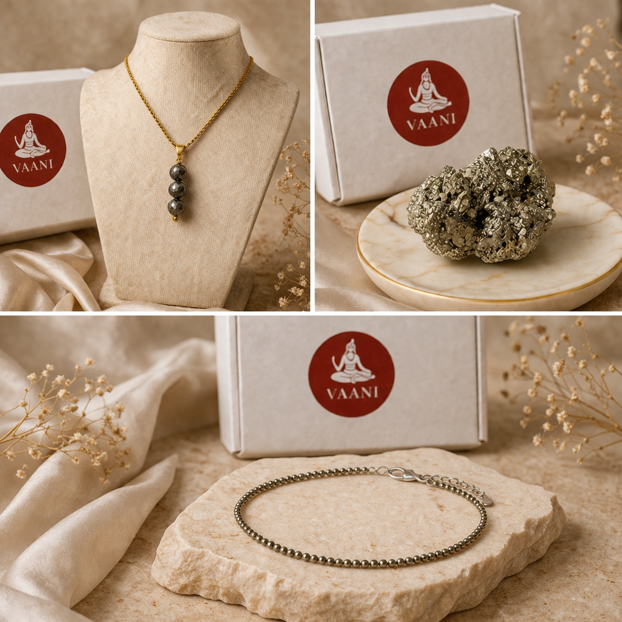 Mahalaxmi Ultimate Pyrite Combo - Pyrite Anklet, Pyrite Cluster, Pyrite Necklace