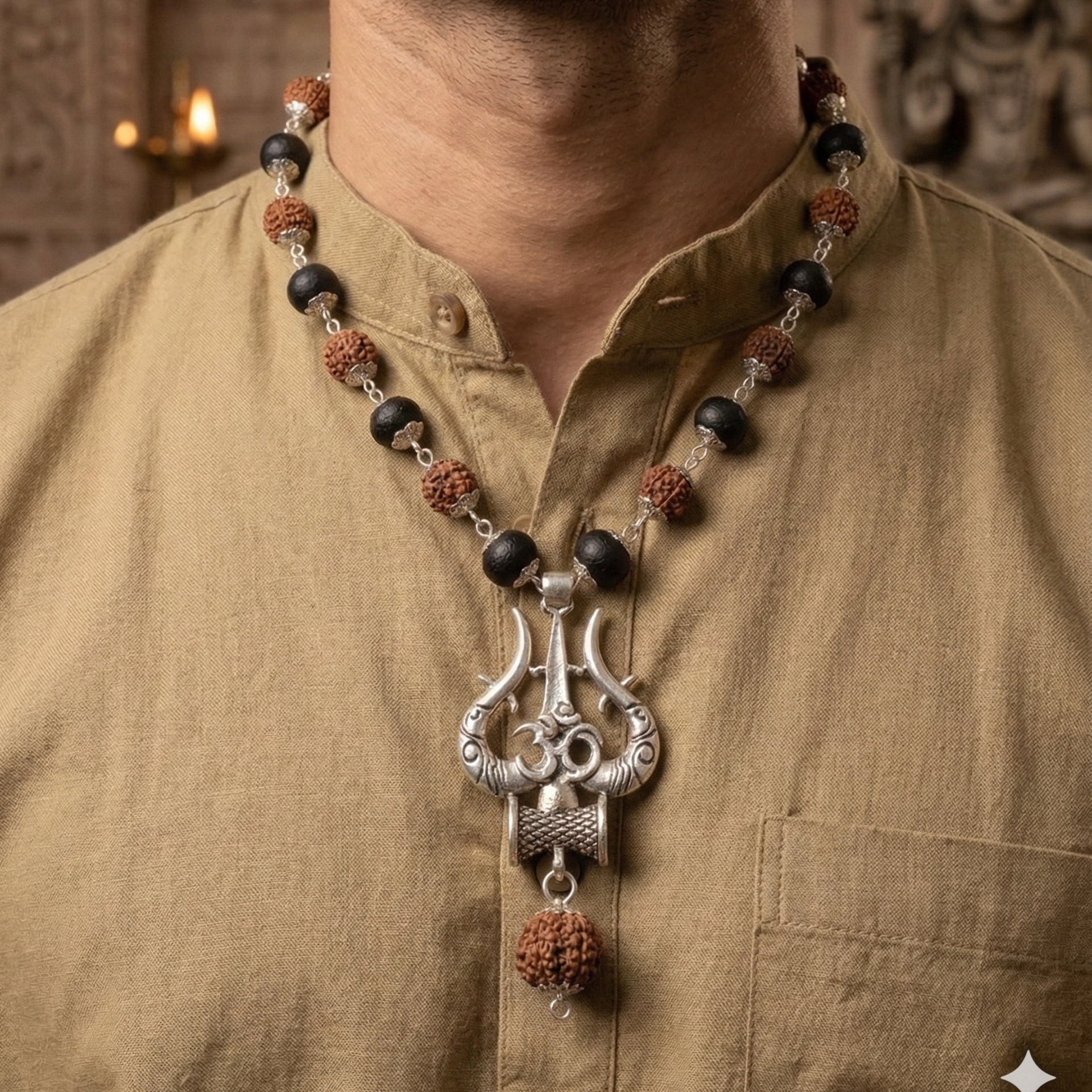 Silver Plated Rudraksha & Karungali Mala with Trishul Pendant