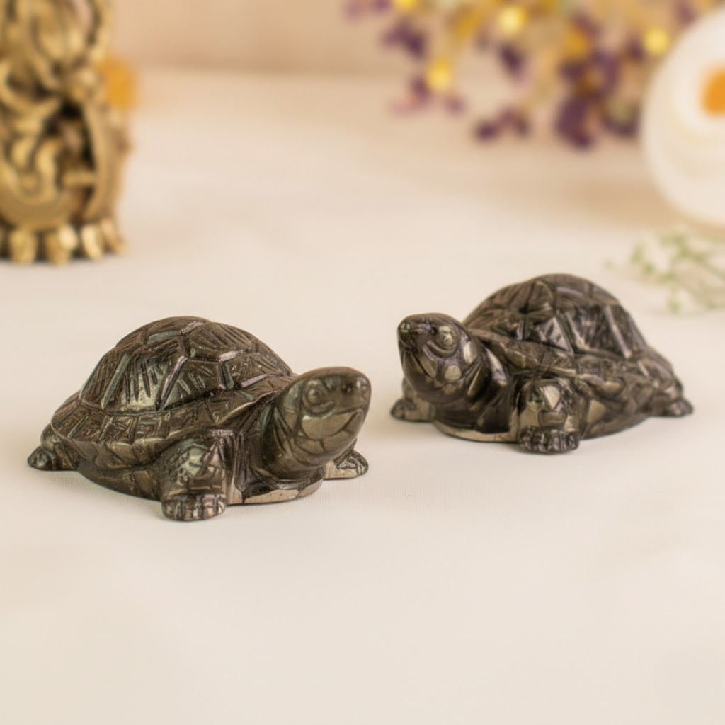Sidh-Shakti Pyrite Tortoise - Kachhua & Raw Selenite Plate