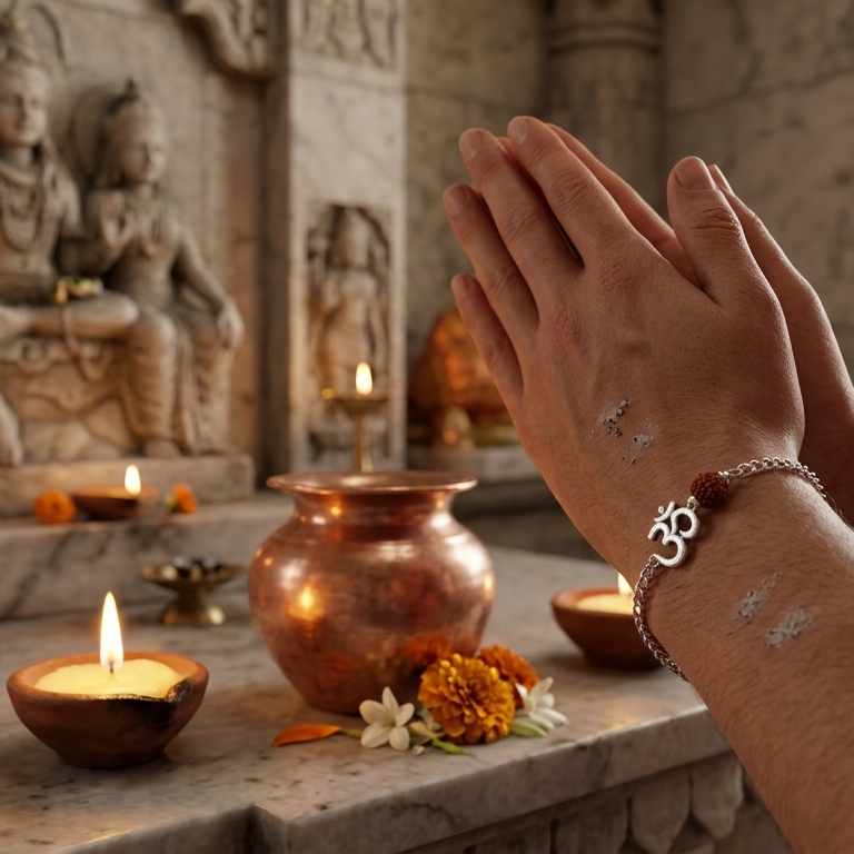 Person with hands pressed together in prayer in front of religious statues and offerings.