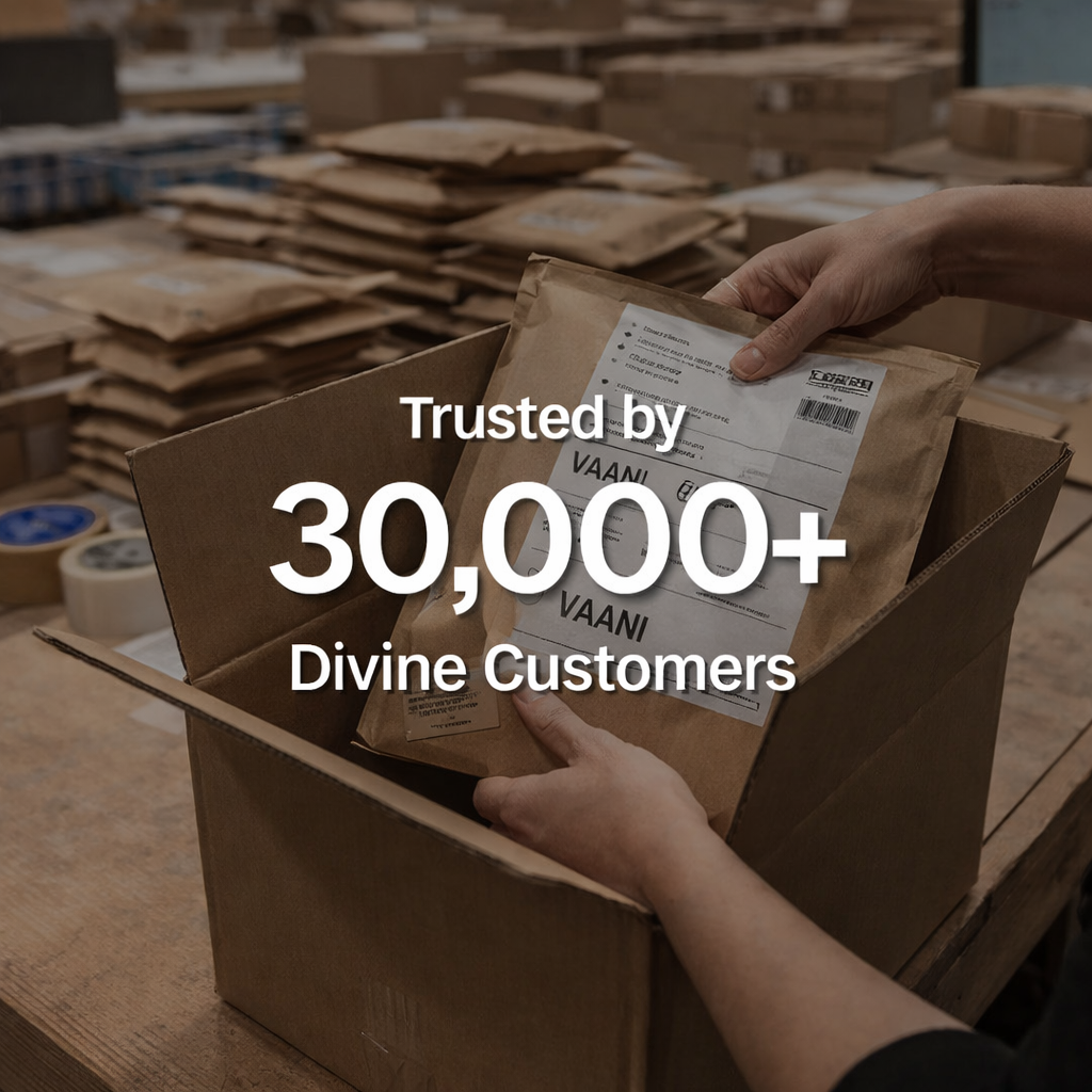 Hands handling packages with text 'Trusted by 30,000+ Divine Customers' and 'VAANI' branding.